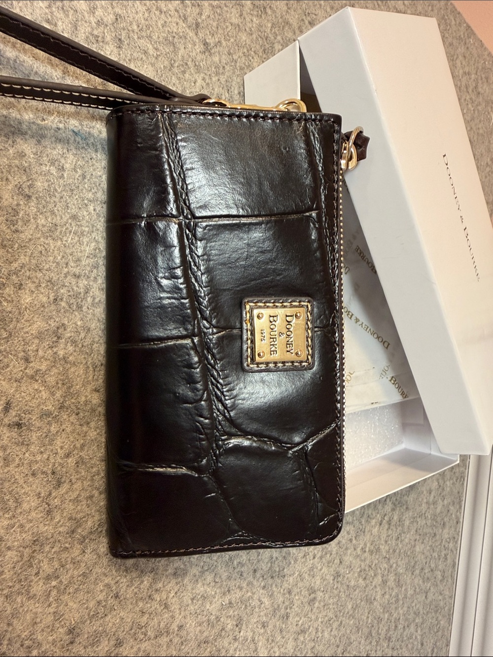 Dooney & Bourke Denison Espresso Croc-Embossed Leather Wristlet with Gold Plaque